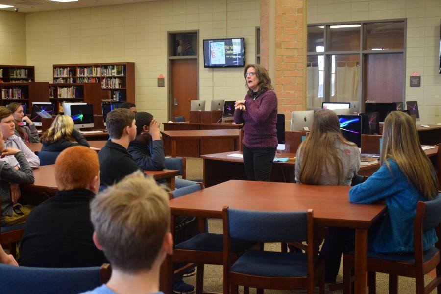 Media Specialist Amy Ballentine discusses the media center and its offerings with eighth graders on Feb. 9. 