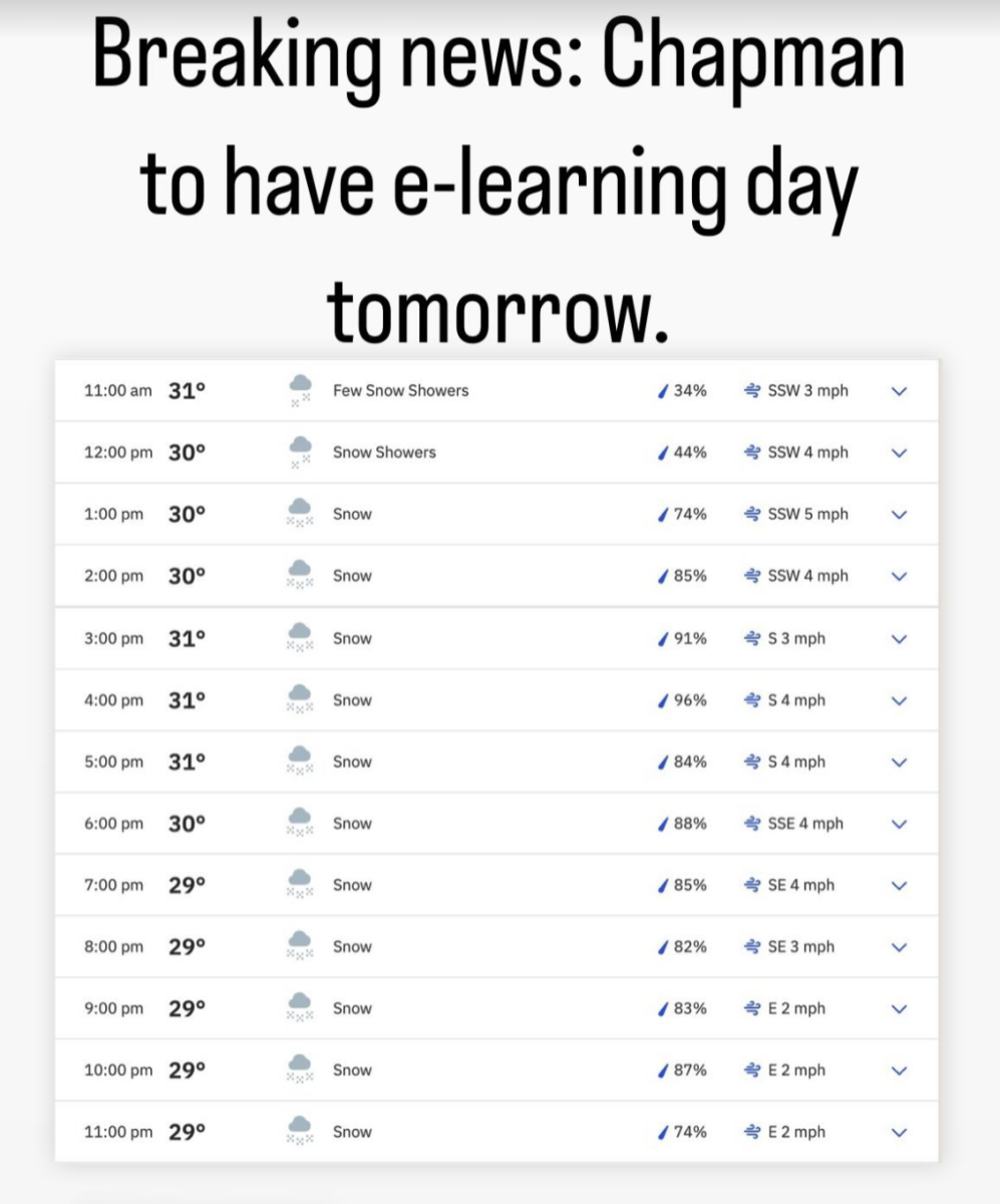 Snow and ice predicted for area, Chapman to hold e-learning day