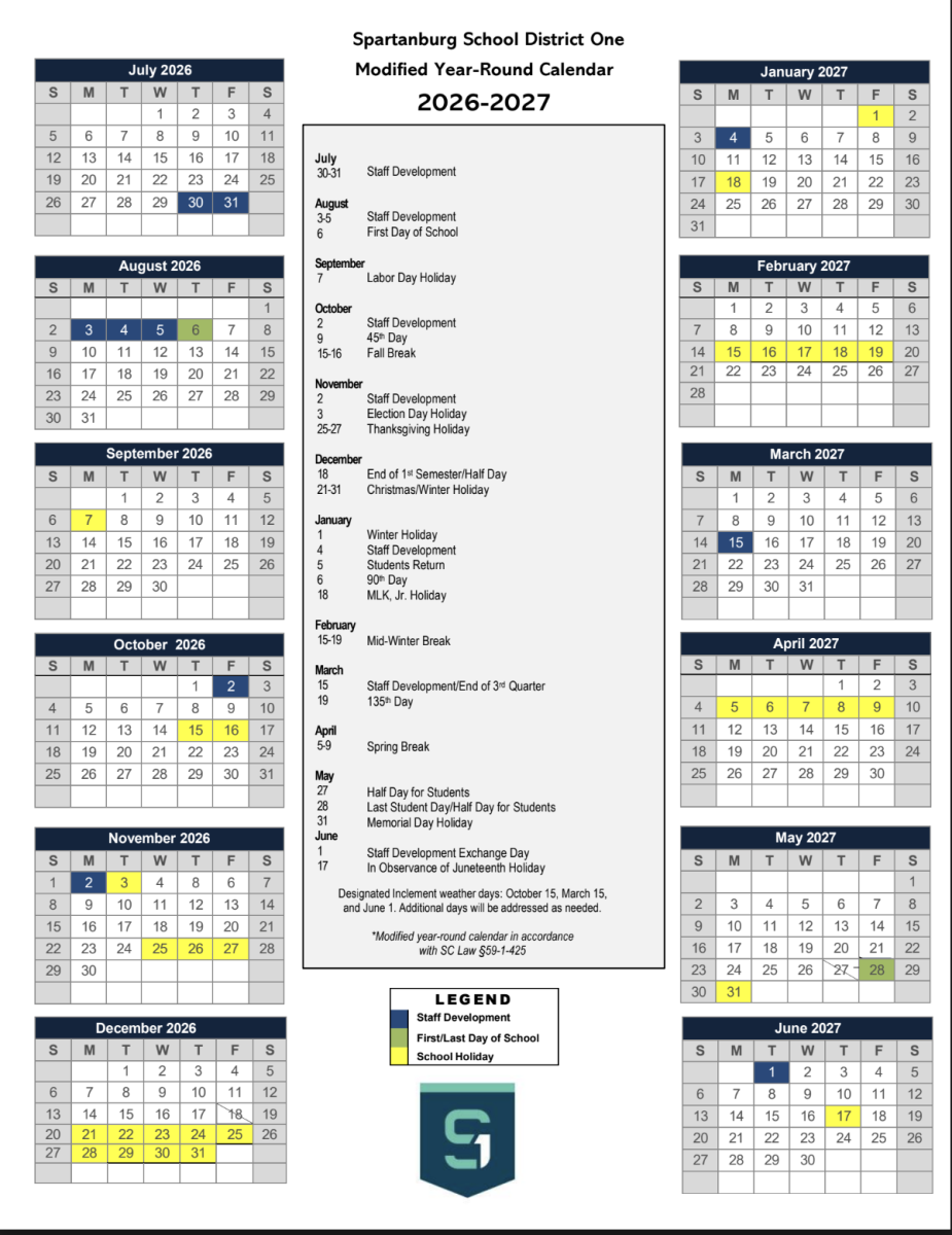 The 2026-2027 school calendar shortens summer but includes additional breaks for students and staff. calendar courtesy of Spartanburg School District One